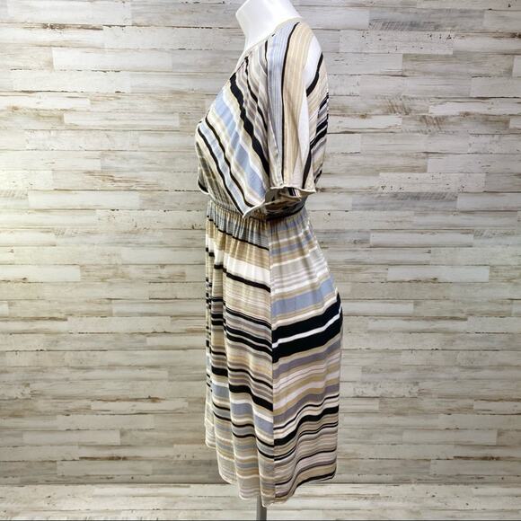 Hale Bob Silk Blend Faux Wrap Dress Womens Size S Tan Black Striped - Picture 4 of 13